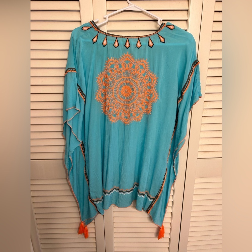 Surf Gypsy Turquoise Tunic with Orange Embroidery and Tassels